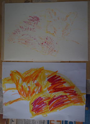 Water soluble oil pastels on the back of the image